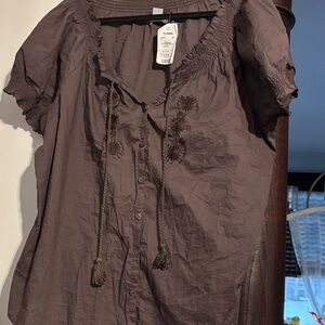 Caribbean Joe Brown Blouse with Embroidery